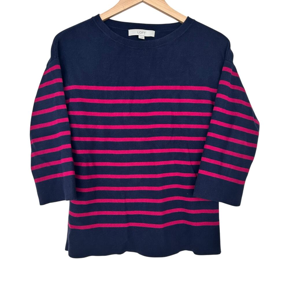 Loft Navy Blue Pink Striped Split Back 3/4 Sleeve Shirt Sz S